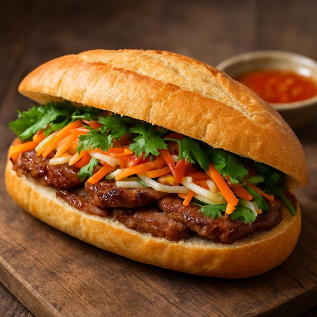 Entree: Laos – Southern Laos – ເຂົ້າເຈັຍ ແຊນວິດ ➤ Khao Jee Saenvit (Laotian baguette sandwich filled with grilled meat, pâté, pickled vegetables, fresh herbs, and spicy sauce) recipe