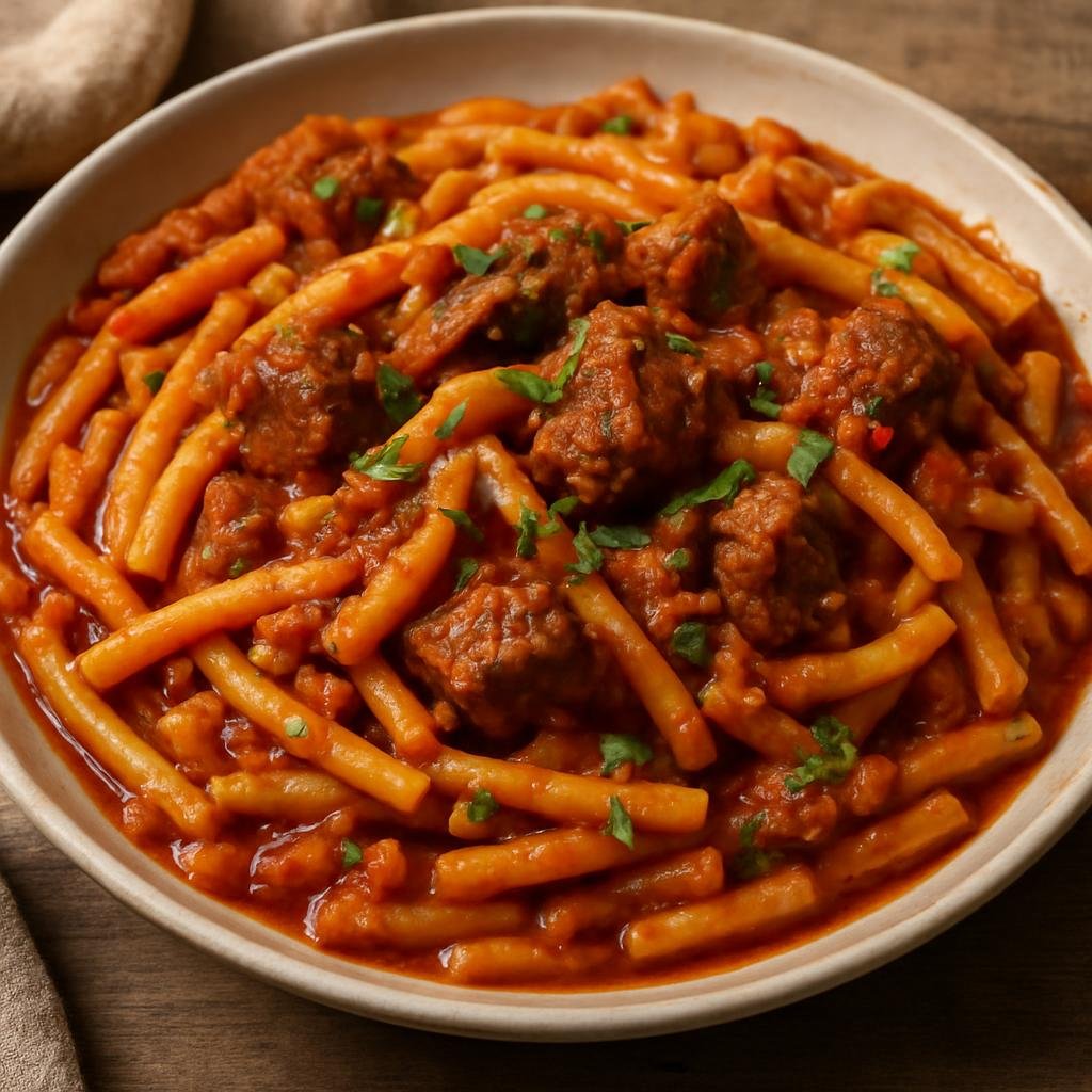 Entree: Tunisia – Southern Tunisia – مكرونة ➤ makrouna (Tunisian-style pasta in a spicy tomato and lamb sauce) recipe