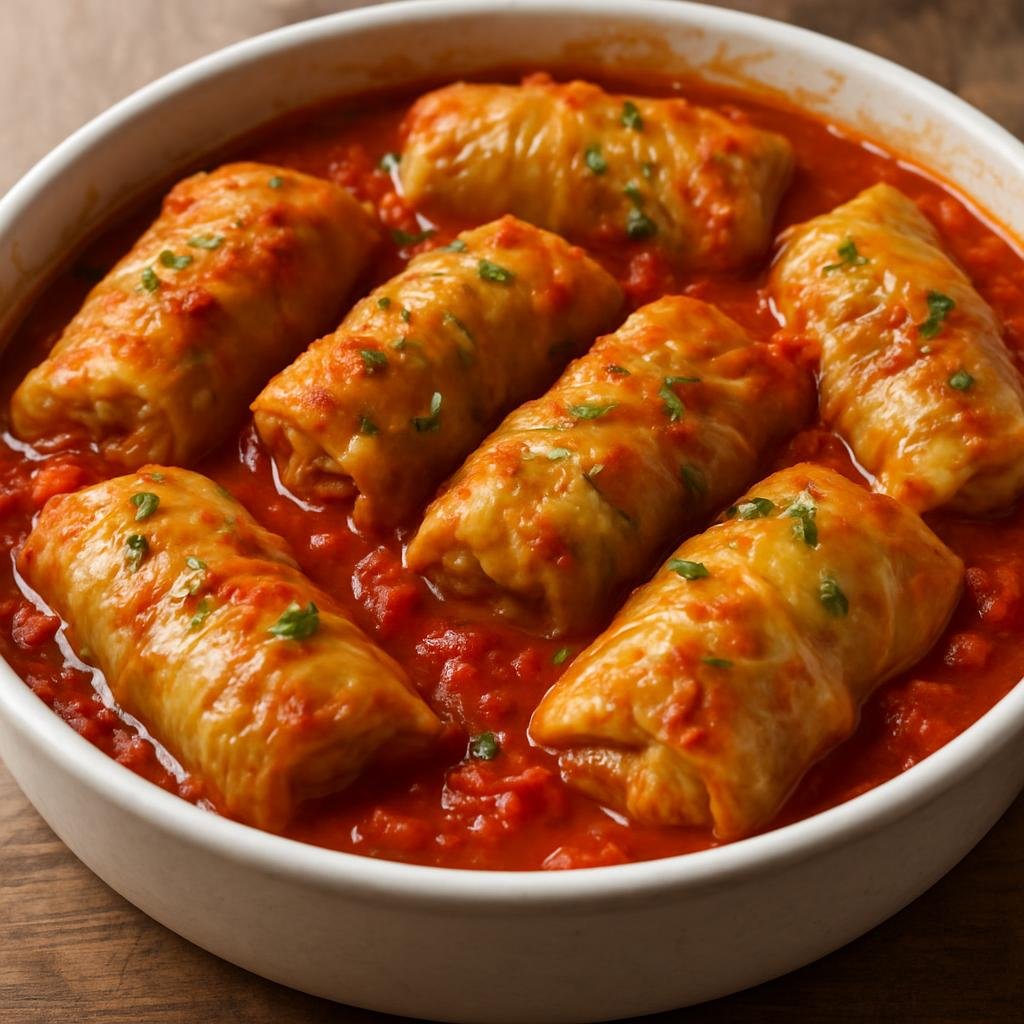 Entree: Lithuania – Southern Culinary Region – Balandėliai (Cabbage leaves stuffed with seasoned meat and rice, baked in a tomato sauce) recipe