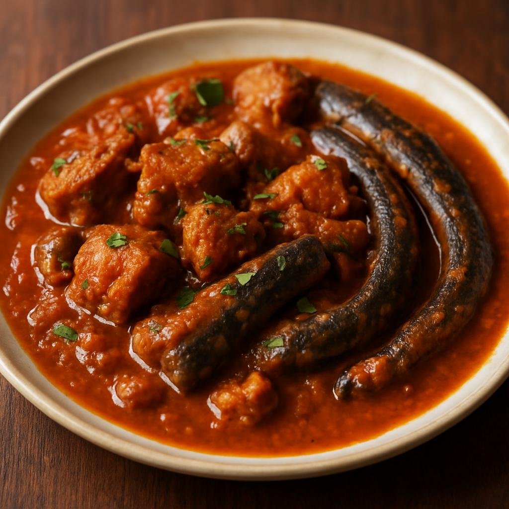 Entree: Madagascar – Southern Culinary Region – Henakisoa sy Amalona (Slow-braised pork and eel in a spiced tomato-coconut sauce) recipe