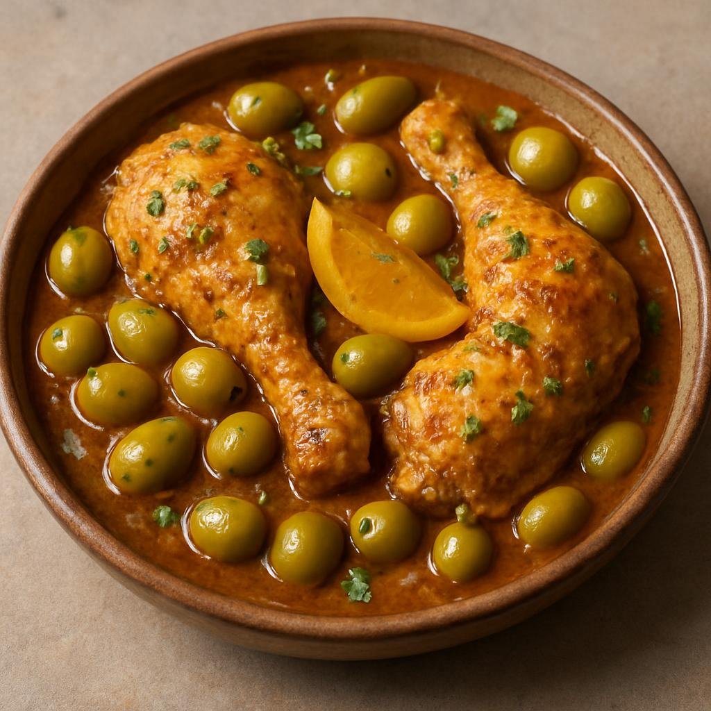 Entree: Mauritania – Southern Culinary Region – Poulet aux Olives (Chicken braised with green olives and preserved lemon in a fragrant North African-style stew) recipe