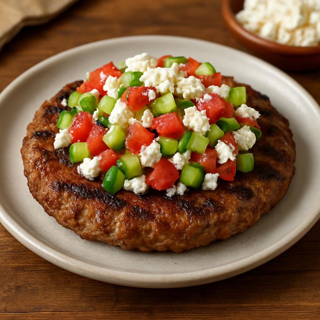 Entree: North Macedonia – Southern Culinary Region – Шопска плескавица ➤ Šopska pljeskavica (Grilled seasoned mixed-meat patties topped with a chopped Shopska-style salad of tomatoes, cucumber, peppers, and brined white cheese) recipe