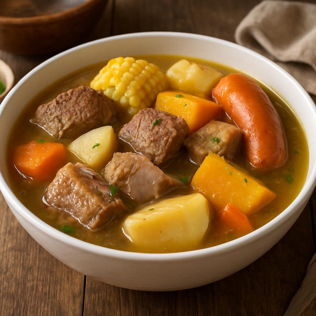 Entree: Paraguay – Southern Culinary Region – Puchero (Hearty Paraguayan meat-and-vegetable stew of beef, pork, sausages and mixed root vegetables in a savory broth) recipe