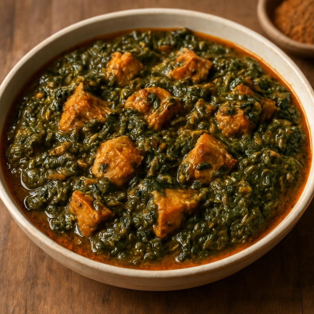 Entree: Sierra Leone – Southern Culinary Region – Potato Leaf Stew (Hearty West African green-leaf stew of potato leaves cooked with peanut paste and protein in a savory palm-oil broth) recipe