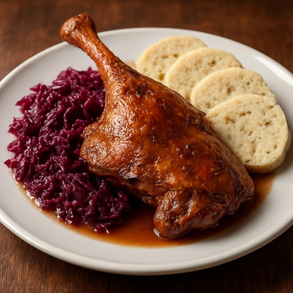 Entree: Slovakia – Southern Culinary Region – Husacie Stehná (Traditional roasted goose legs served with braised red cabbage and bread dumplings) recipe