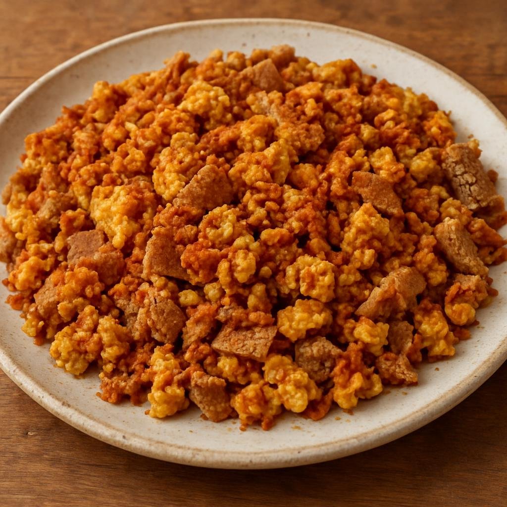 Entree: Ethiopia – Amhara – እንቁላል ፍርፍር ➤ Enqulal Firfir (Spiced Ethiopian scrambled eggs mixed with torn injera and berbere-scented spiced butter) recipe