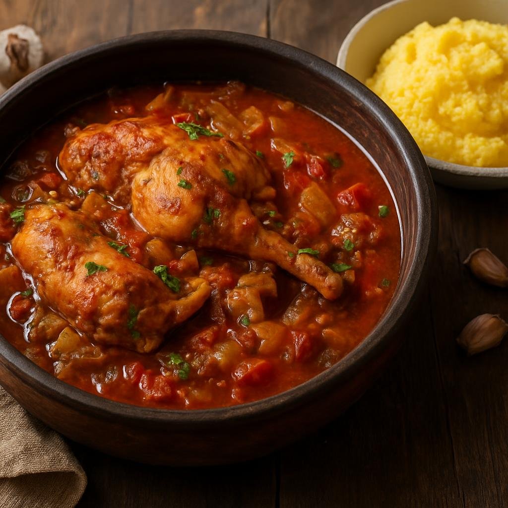 Entree: Romania – Moldavia – Iepure la Ceaun (Rabbit slowly braised in a heavy pot with onions, garlic, tomatoes, and herbs, often served with polenta) recipe