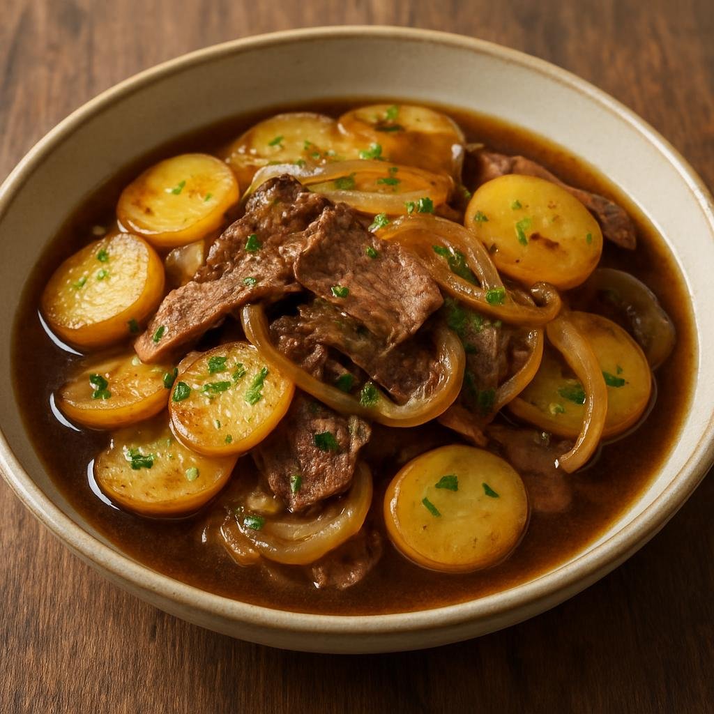 Entree: Sweden – Stockholm & Central Sweden – Sjömansbiff (Traditional Swedish sailor’s dish of thinly sliced beef layered with potatoes and onions, braised in rich beef broth) recipe
