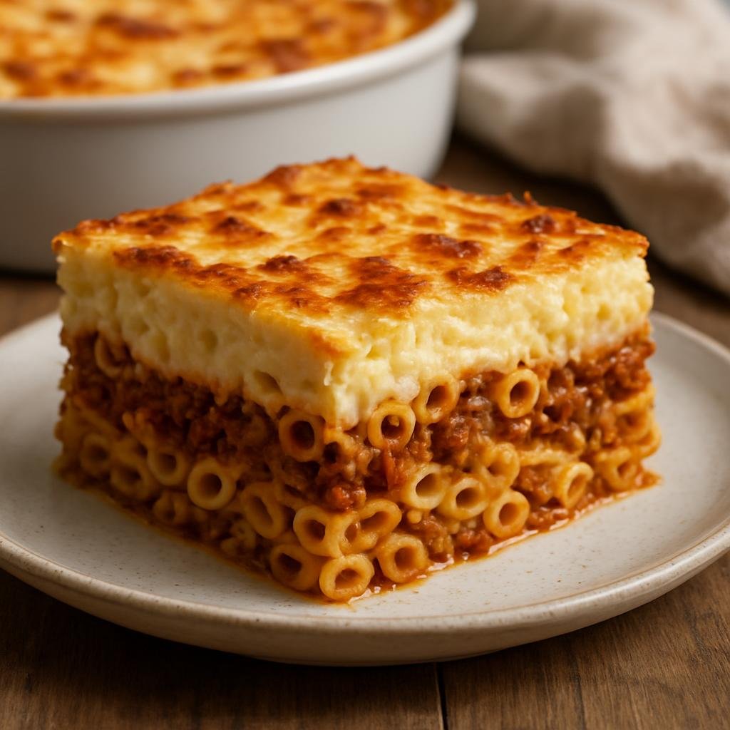 Entree: Greece – Cyclades – Παστίτσιο ➤ Pastítsio (Baked pasta casserole of tubular pasta layered with a spiced meat ragù and thick béchamel sauce) recipe