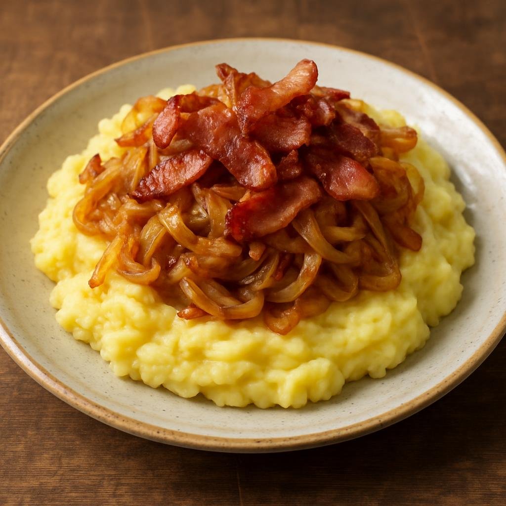 Entree: Denmark – Funen – Fynsk Brændende Kærlighed (Mashed potatoes topped with caramelized onions and fried bacon, a hearty Funen comfort meal) recipe