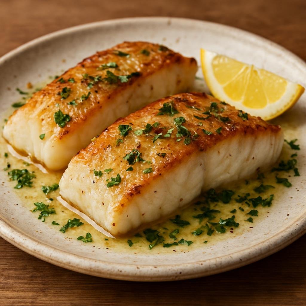 Entree: Antarctica – Southern Culinary Region – Seared Antarctic Cod (Pan-seared Southern Ocean cod fillets dressed with lemon-butter and coastal herbs) recipe