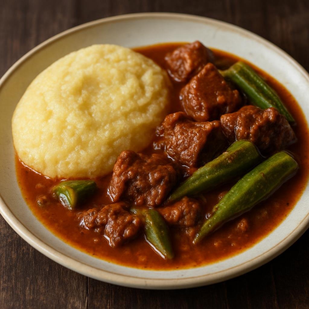 Entree: Antigua and Barbuda – Southern Culinary Region – Fungee and Pepperpot (Creamy cornmeal fungee served with a hearty spiced meat and okra stew) recipe