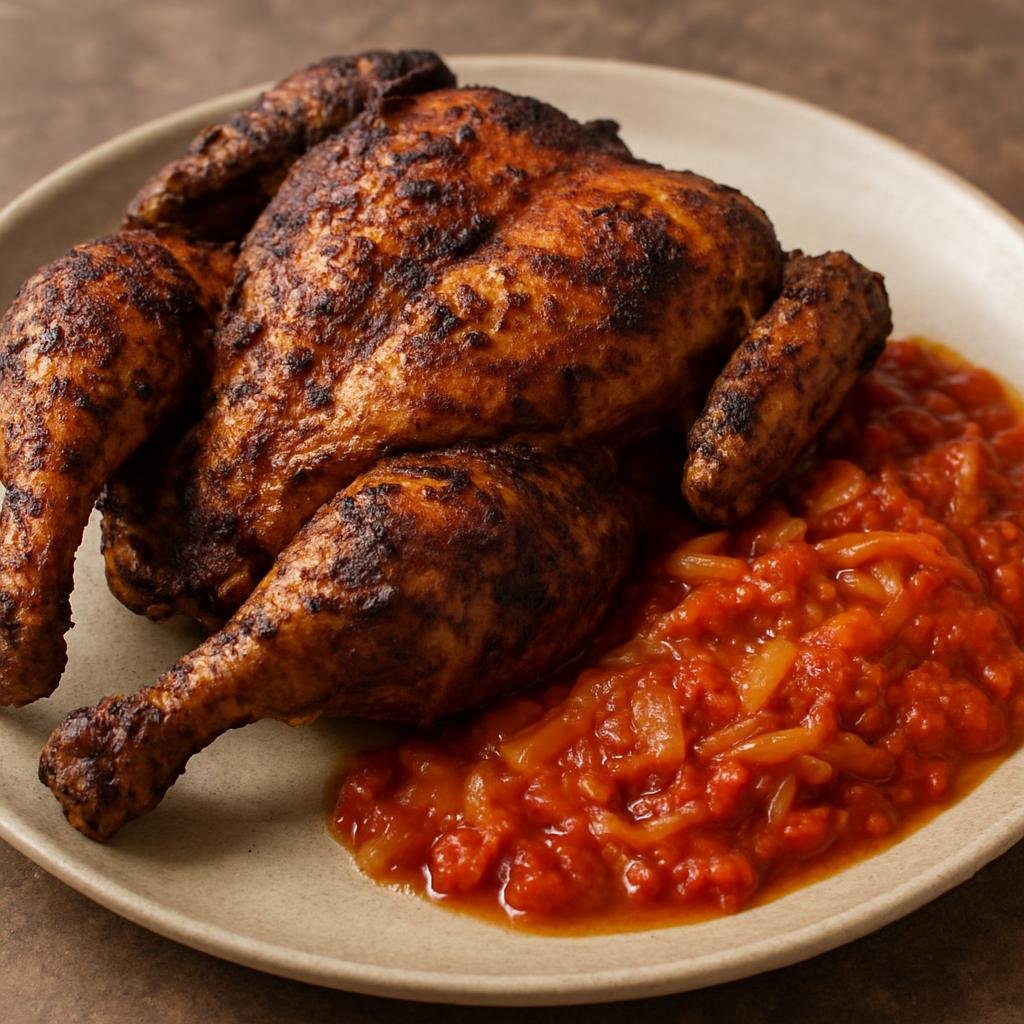 Entree: Burkina Faso – Southern Culinary Region – Poulet Bicyclette (Grilled or roasted free-range chicken marinated with West African spices and served with a tangy onion-tomato sauce) recipe