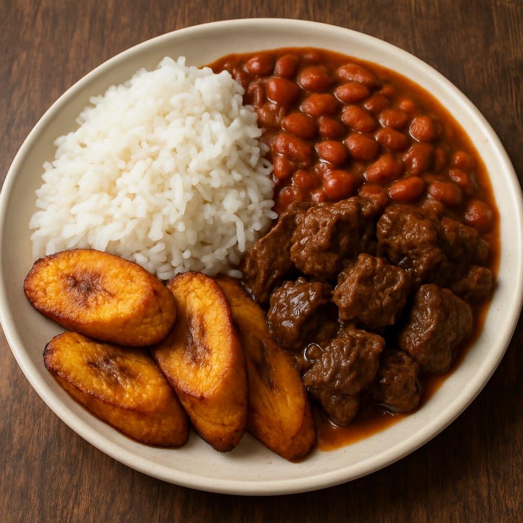 Entree: Dominican Republic – Southern Culinary Region – La Bandera Dominicana (A traditional Dominican plate of white rice, stewed red beans, and seasoned stewed beef served with fried ripe plantains) recipe