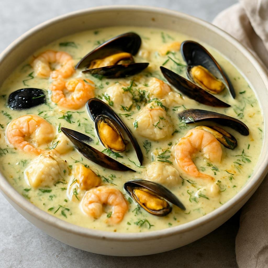 Entree: Sweden – West Coast Sweden – Skaldjursgryta (West Coast Swedish creamy fish and shellfish stew with dill and white wine) recipe