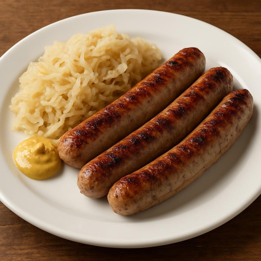 Entree: Germany – Franconia – Fränkische Bratwurst (Coarse Franconian pork sausage typically grilled or pan-fried and served with sauerkraut and mustard) recipe