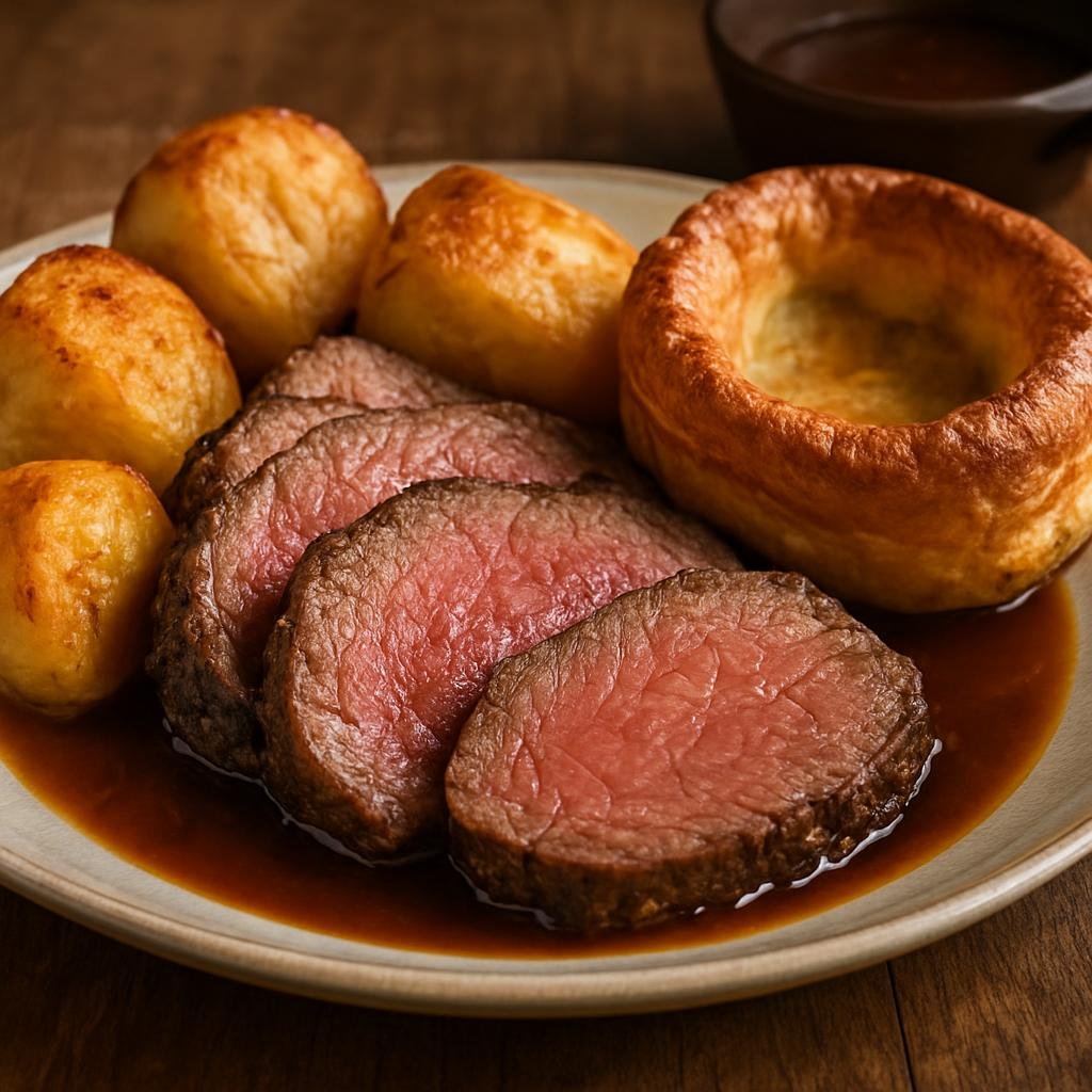 Entree: United Kingdom – England - London & Southeast – Roast Beef with Yorkshire Pudding (Classic roasted beef joint served with puffy baked batter puddings) recipe