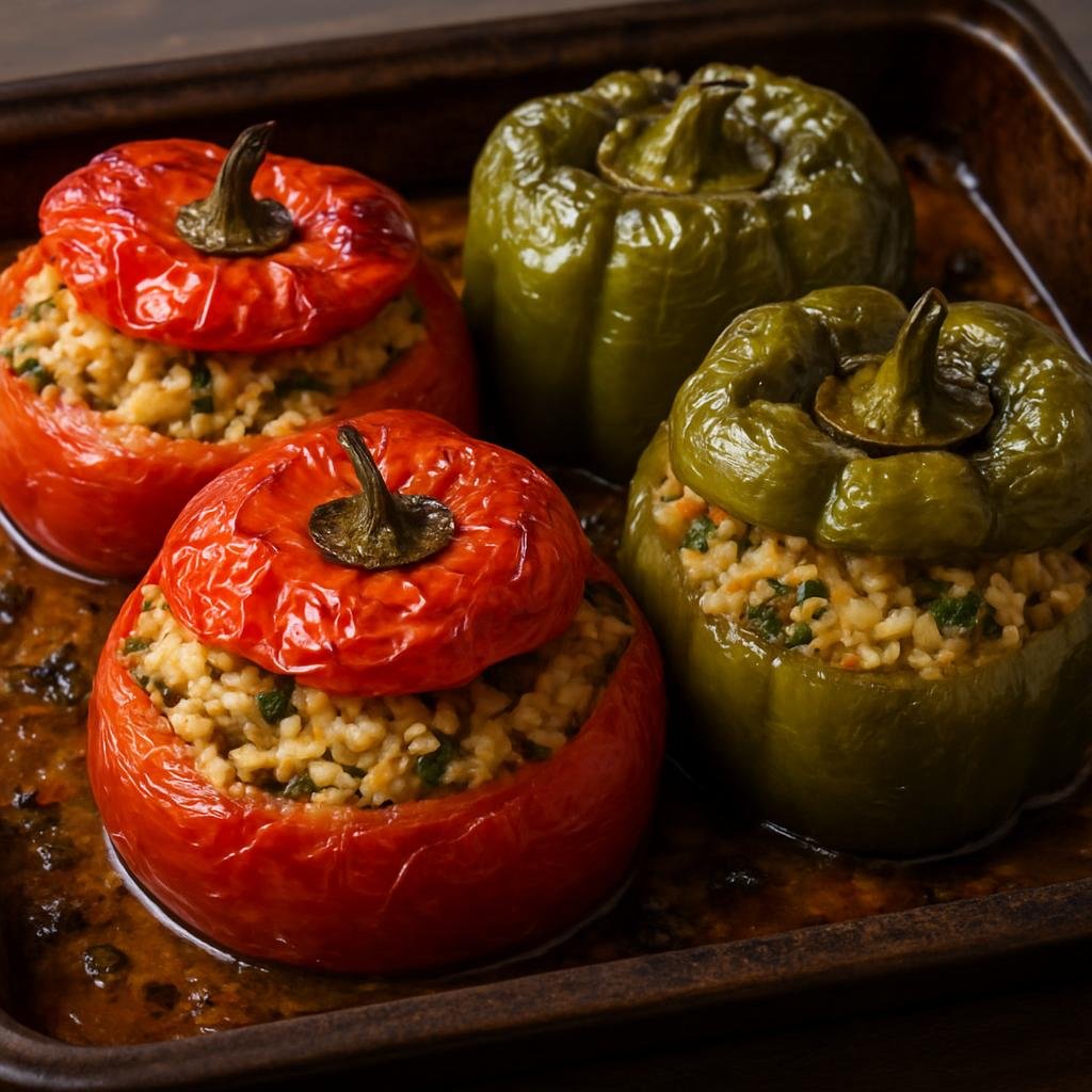 Entree: Greece – Cyclades – Γεμιστά ➤ Gemistá (Oven-baked tomatoes and peppers stuffed with herbed rice) recipe