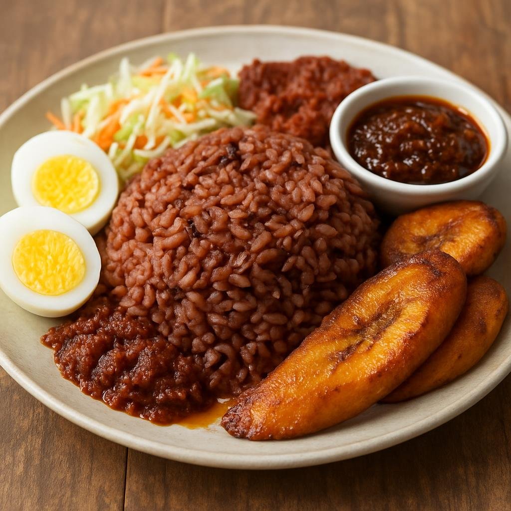Entree: Ghana – Ghanaian Street Food – Waakye (A Ghanaian dish of rice and beans cooked together with sorghum leaves, served with fried plantain, boiled eggs, shito, and other street-food accompaniments) recipe