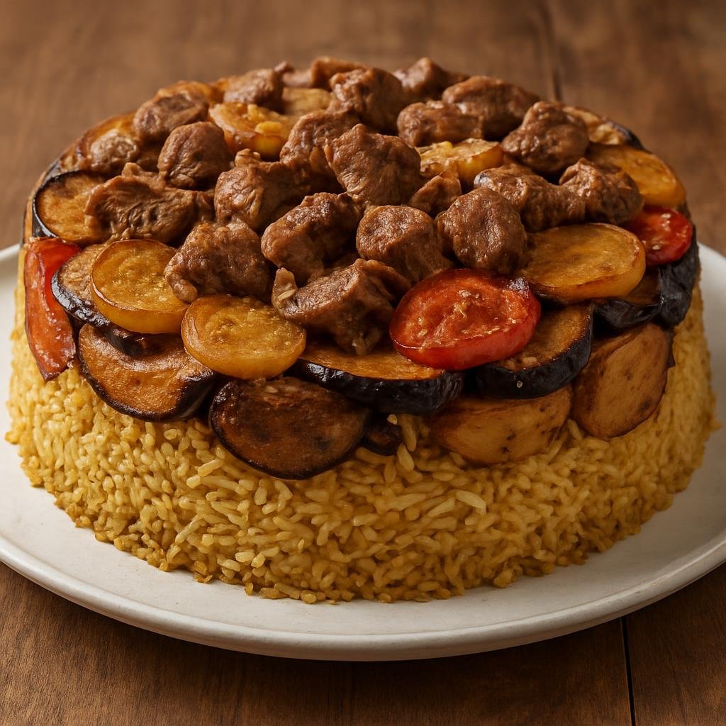 Entree: Syria – Euphrates Valley – المقلوبة ➤ Maqloubeh (Upside-down layered casserole of rice, vegetables and meat cooked together and inverted for serving) recipe