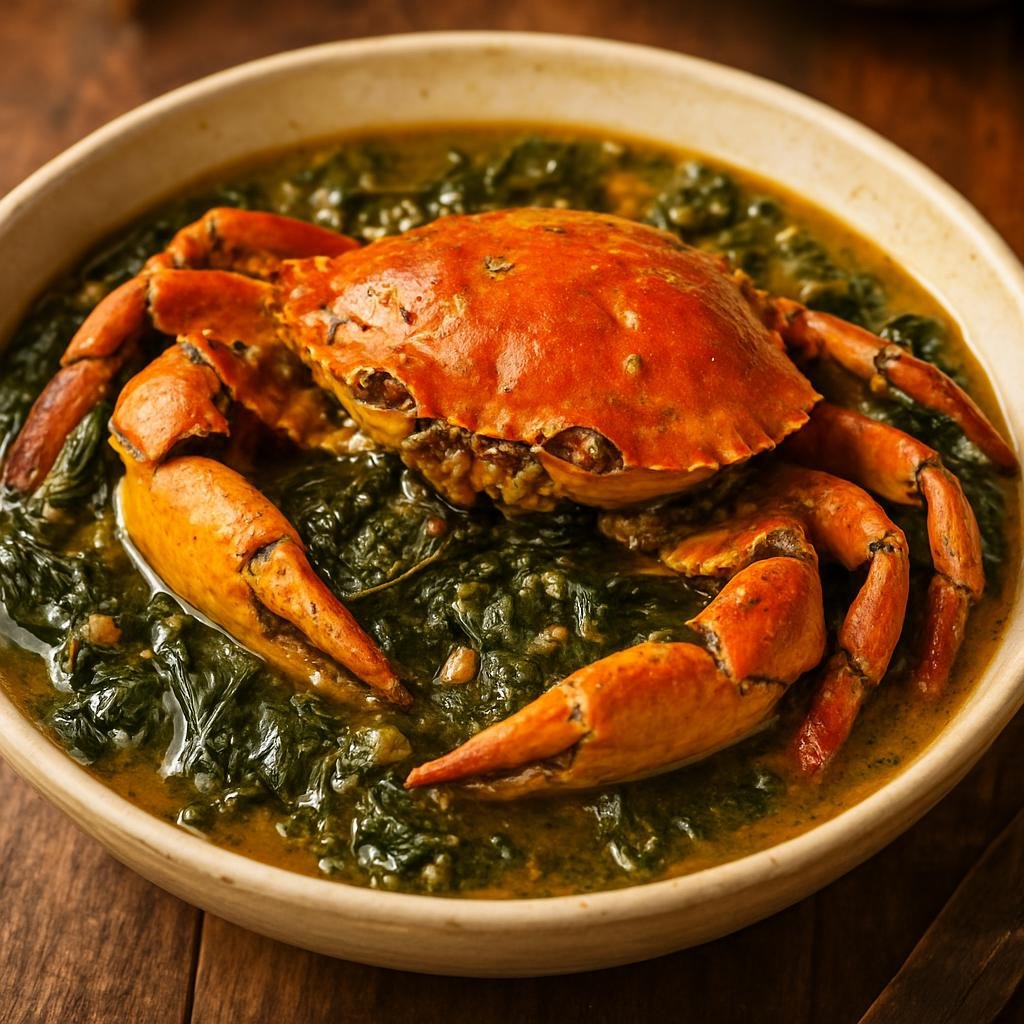 Entree: Dominica – Southern Culinary Region – Callaloo Crab (Stewed callaloo greens with coconut-infused crab in a seasoned broth) recipe