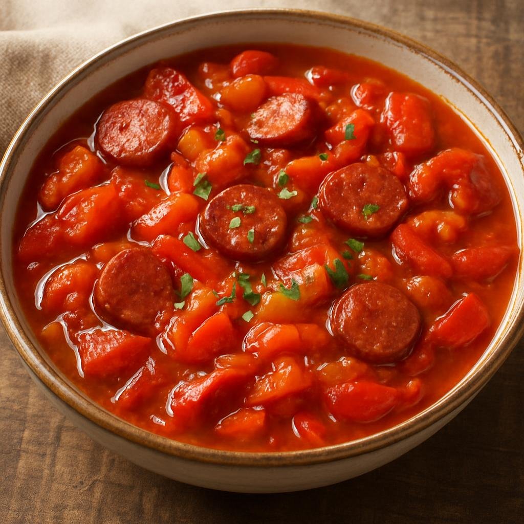 Entree: Hungary – Transdanubia – Lecsó (Hungarian pepper and tomato stew flavored with sweet paprika and often enriched with smoked sausage) recipe