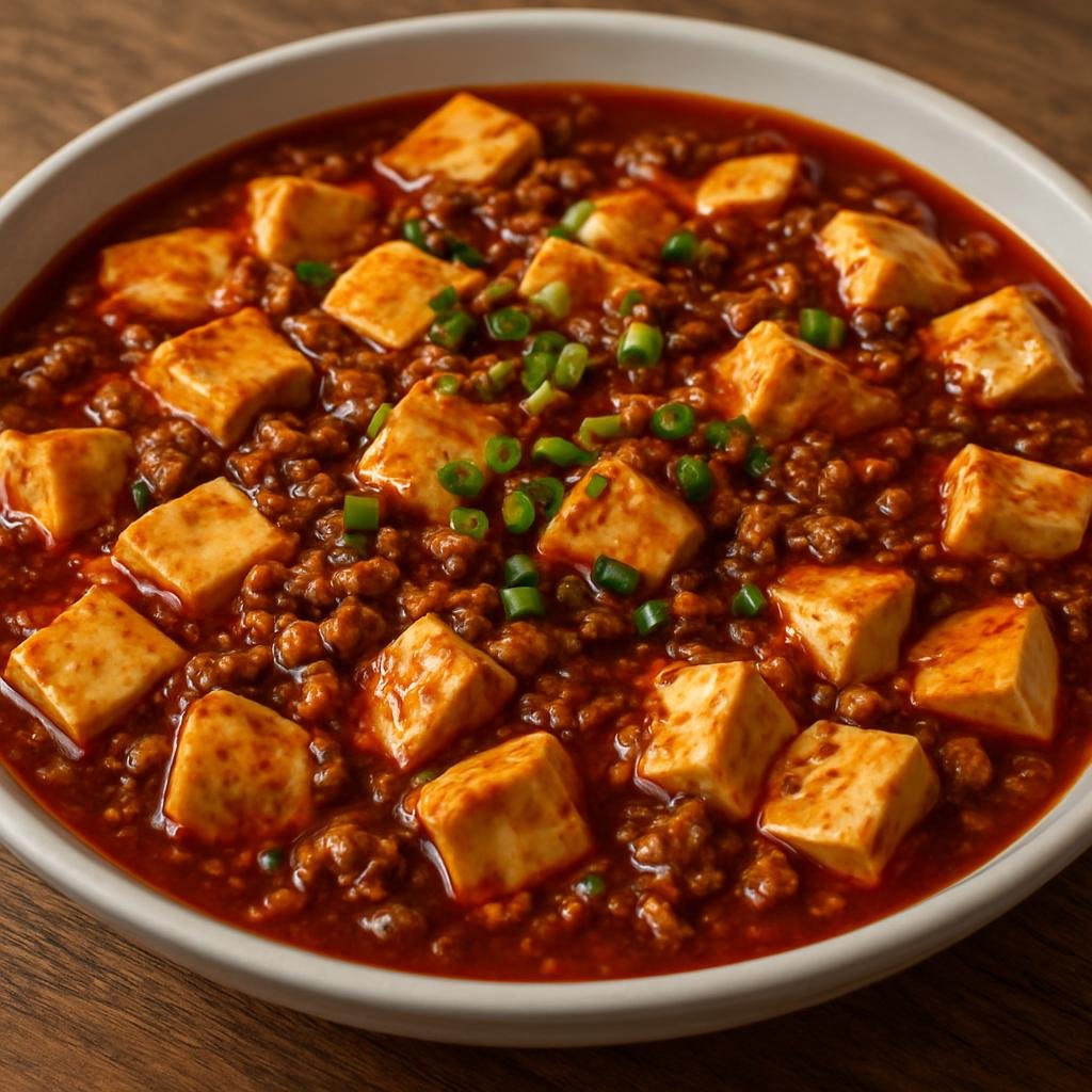 Entree: China – Central Culinary Region – 麻婆豆腐 ➤ Má pó dòufu (Spicy braised soft tofu and minced pork in a fermented chili and bean sauce) recipe