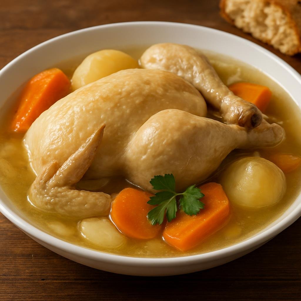 Entree: France – Bordeaux / Aquitaine – Poule au Pot (Classic braised stewing hen simmered with root vegetables to make a rich broth and tender poached chicken) recipe