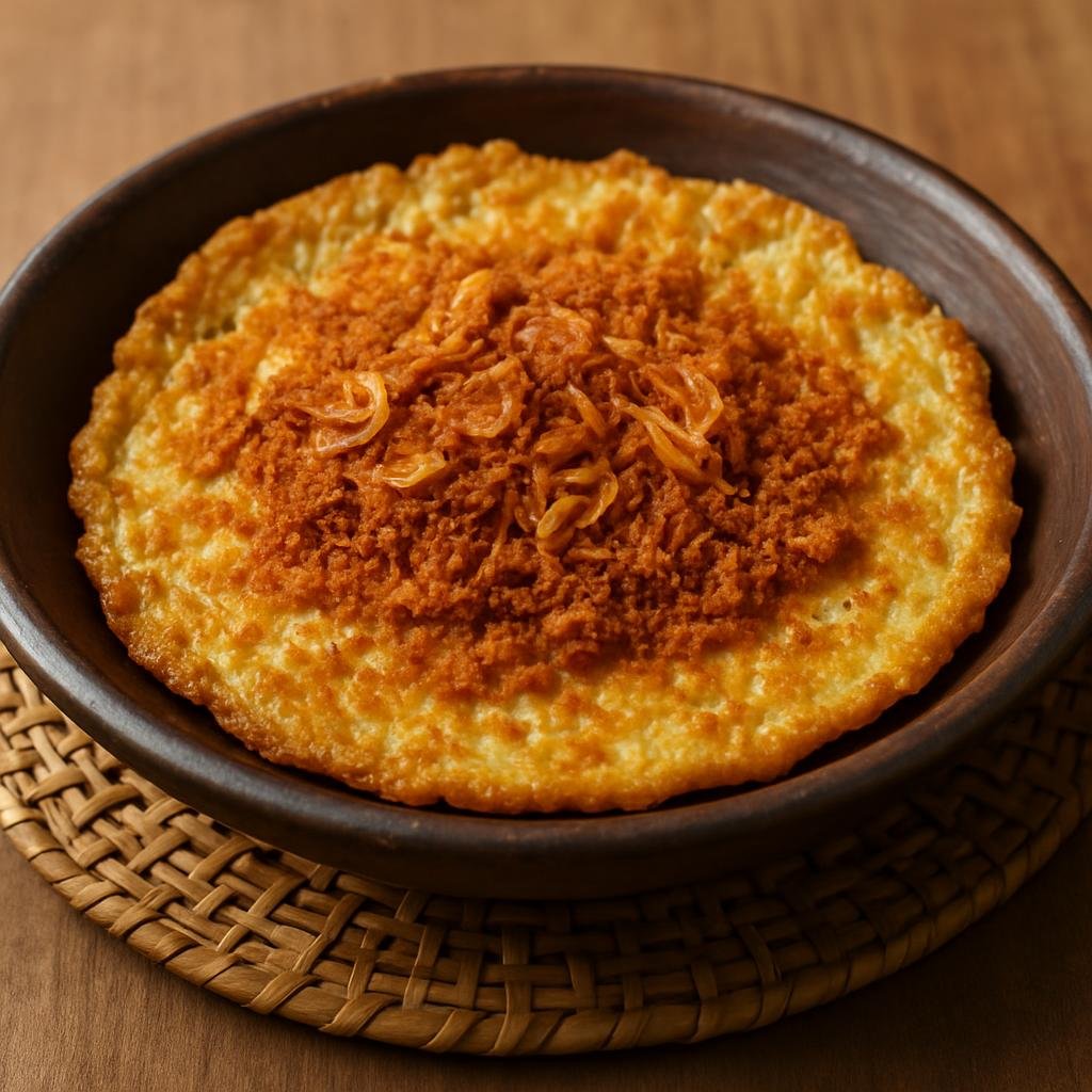Entree: Indonesia – Betawi Jakarta – Kerak Telor (Savory crispy omelette of glutinous rice and egg topped with spiced toasted coconut and fried shallots) recipe