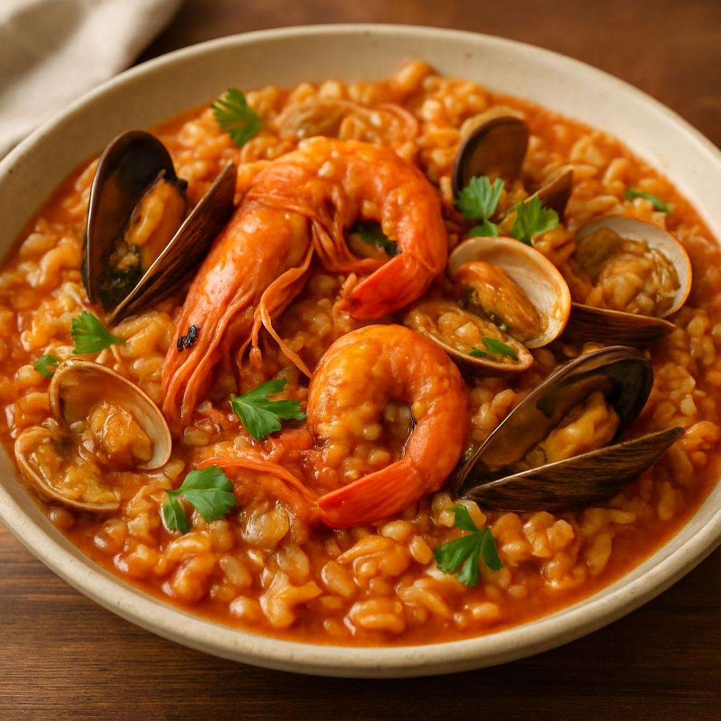 Entree: Portugal – Lisbon – Arroz de Marisco (Hearty Portuguese seafood rice cooked in a flavorful tomato and shellfish broth) recipe