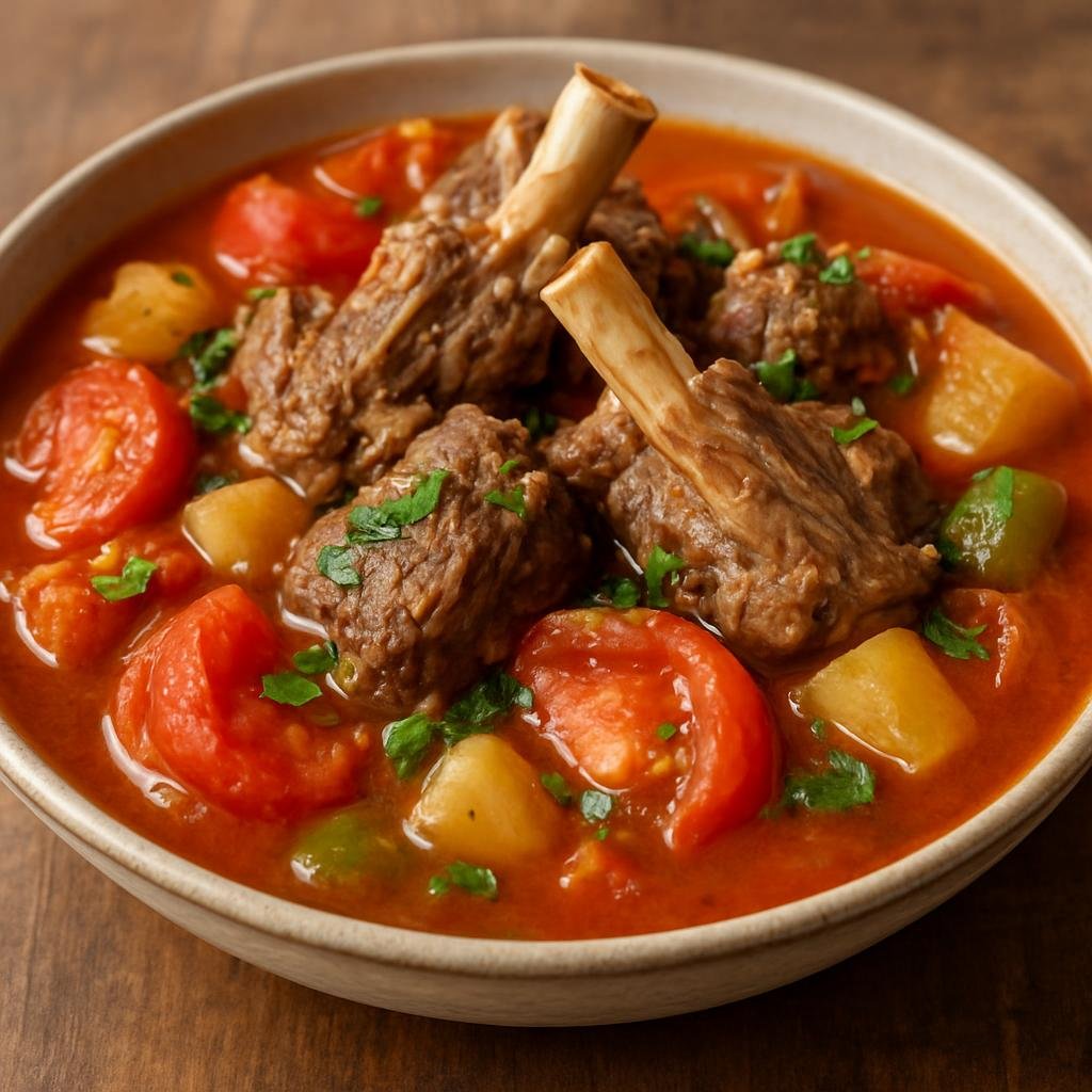 Entree: Armenia – Lake Sevan – Խաշլամա ➤ Khashlama (Slow-braised Armenian meat and vegetable stew traditionally made with bone-in lamb and tomatoes) recipe