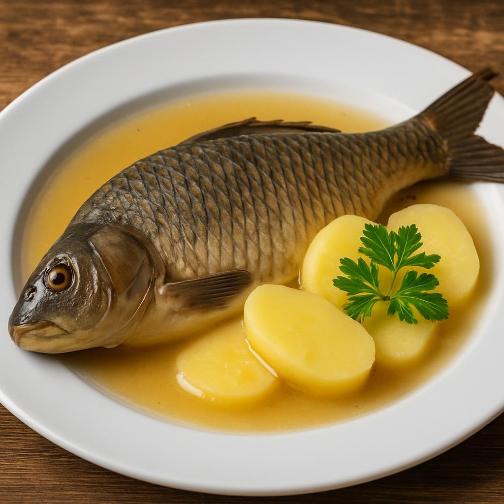 Entree: Germany – Franconia – Karpfen Blau (Whole carp gently poached in a sour aromatic court-bouillon, a traditional Franconian fish preparation) recipe