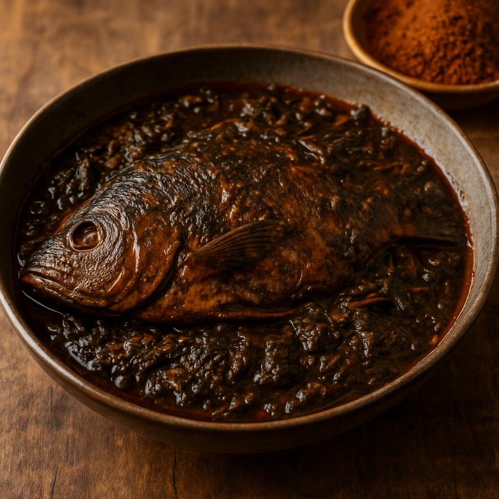 Entree: Cameroon – Southern Culinary Region – Mbongo Tchobi (A deeply flavored Cameroonian black stew of whole fish cooked in palm oil with njansang and toasted mbongo spice) recipe