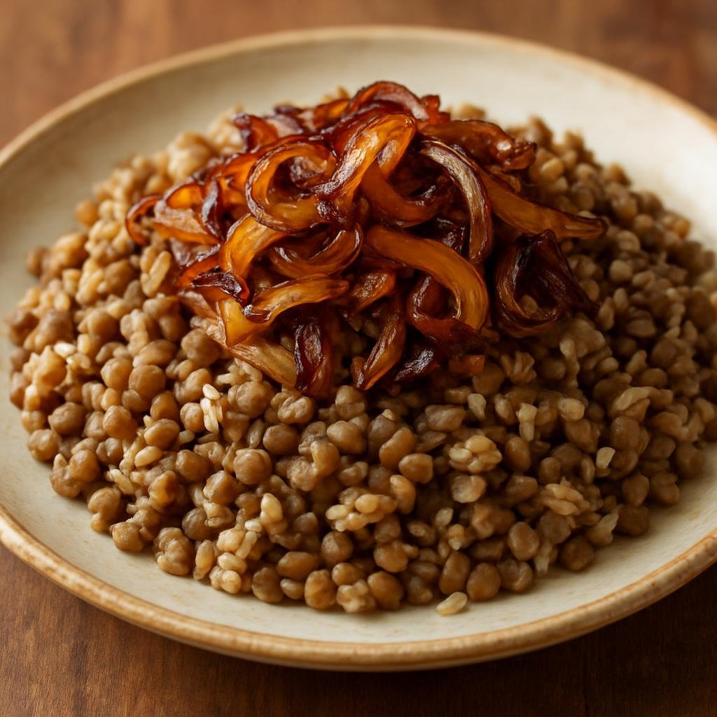 Entree: Lebanon – Northern Lebanon – مجدرة ➤ mujaddara (Cooked lentils and rice crowned with deeply caramelized onions) recipe