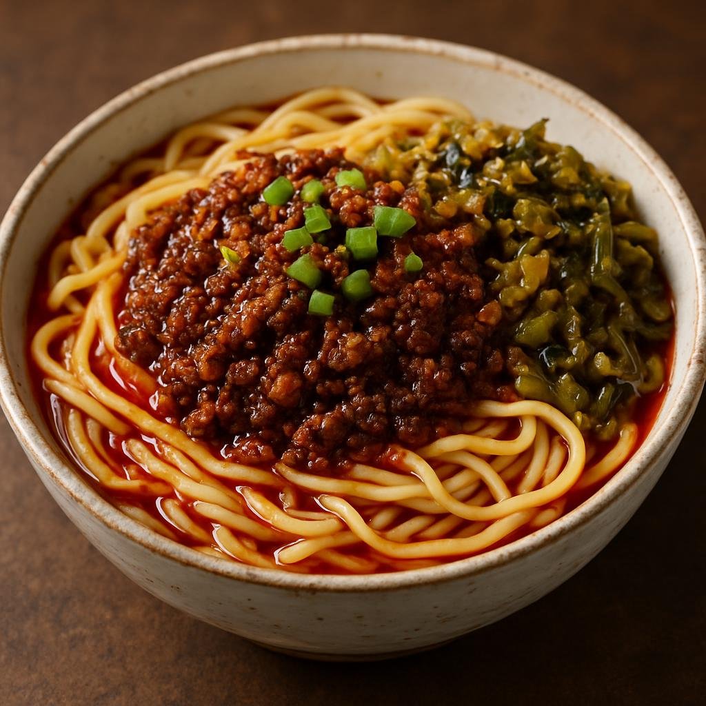 Entree: China – Central Culinary Region – 担担面 ➤ Dàndàn miàn (Spicy, savory wheat noodles topped with a numbing Sichuan pepper and chili oil seasoned meat sauce and preserved vegetables) recipe
