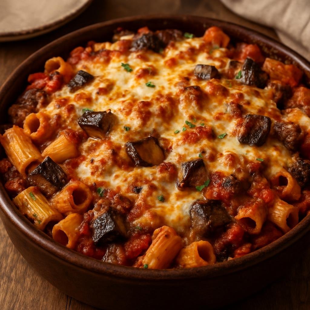 Entree: Italy – Calabria – Pasta al Forno Calabrese (Baked pasta casserole with meat, eggplant, tomato sauce, and melted cheese typical of Calabria) recipe