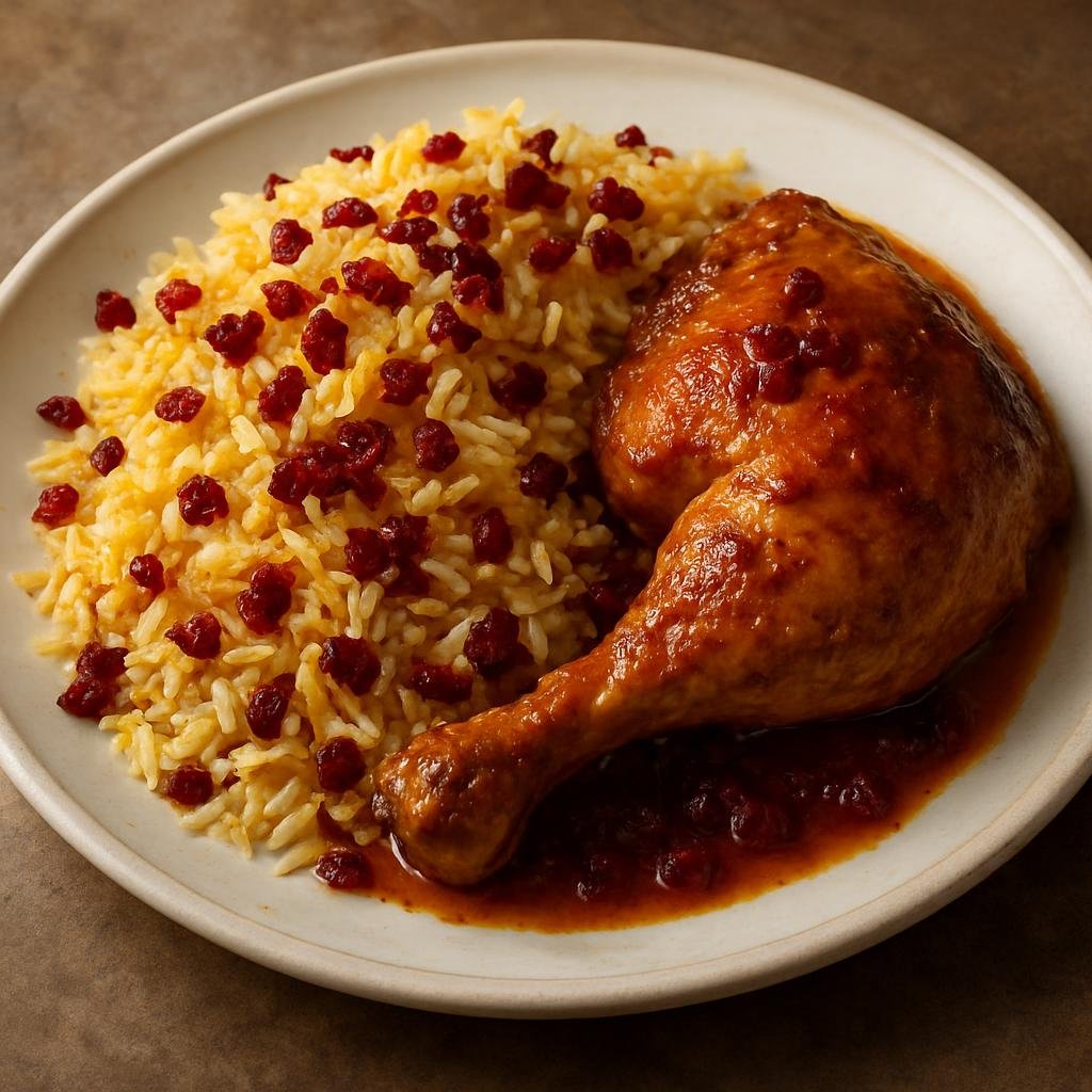 Entree: Iran – Isfahan – زرشک پلو ➤ Zereshk Polo (Saffron-scented rice studded with tart barberries, traditionally served with spiced braised chicken) recipe