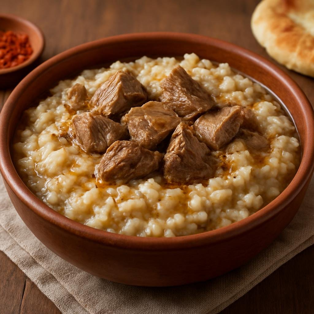 Entree: Turkey – Central Anatolia – Keşkek (A slow-cooked wheat porridge with tender lamb, traditionally served at celebrations) recipe
