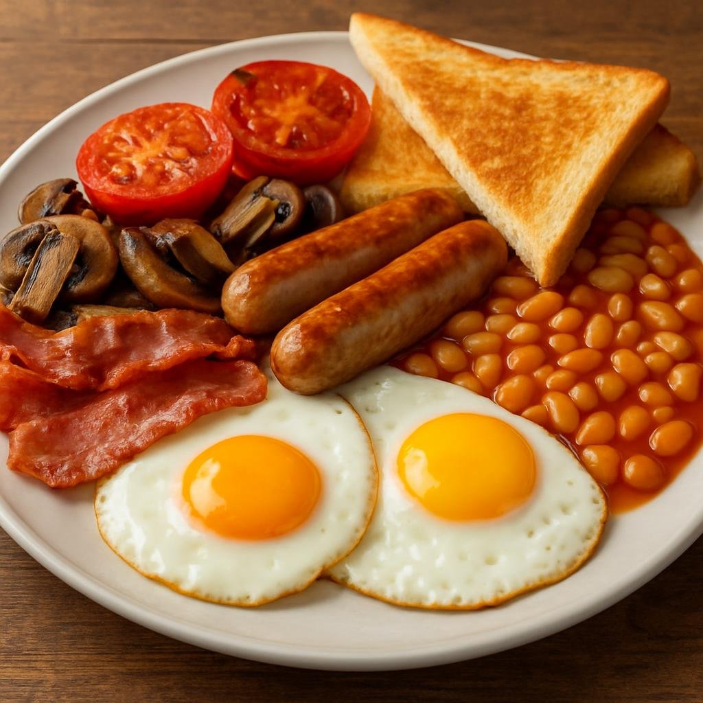 Entree: United Kingdom – England - London & Southeast – Full English Breakfast (A hearty plated cooked breakfast of eggs, bacon, sausages, mushrooms, tomatoes, baked beans and toast) recipe