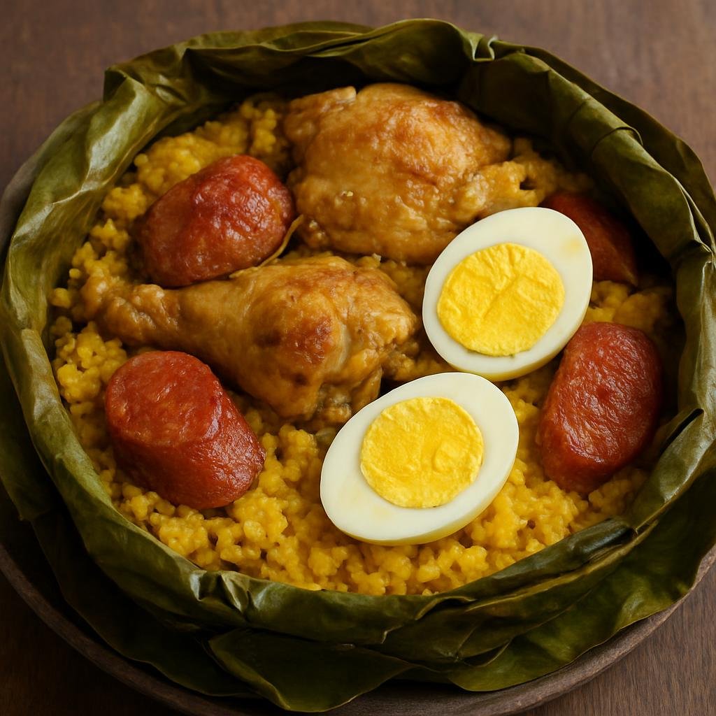 Entree: Philippines – Kapampangan – Biringhe (A Kapampangan baked coconut-turmeric glutinous rice with chicken, sausage, and hard-boiled eggs wrapped in banana leaves) recipe