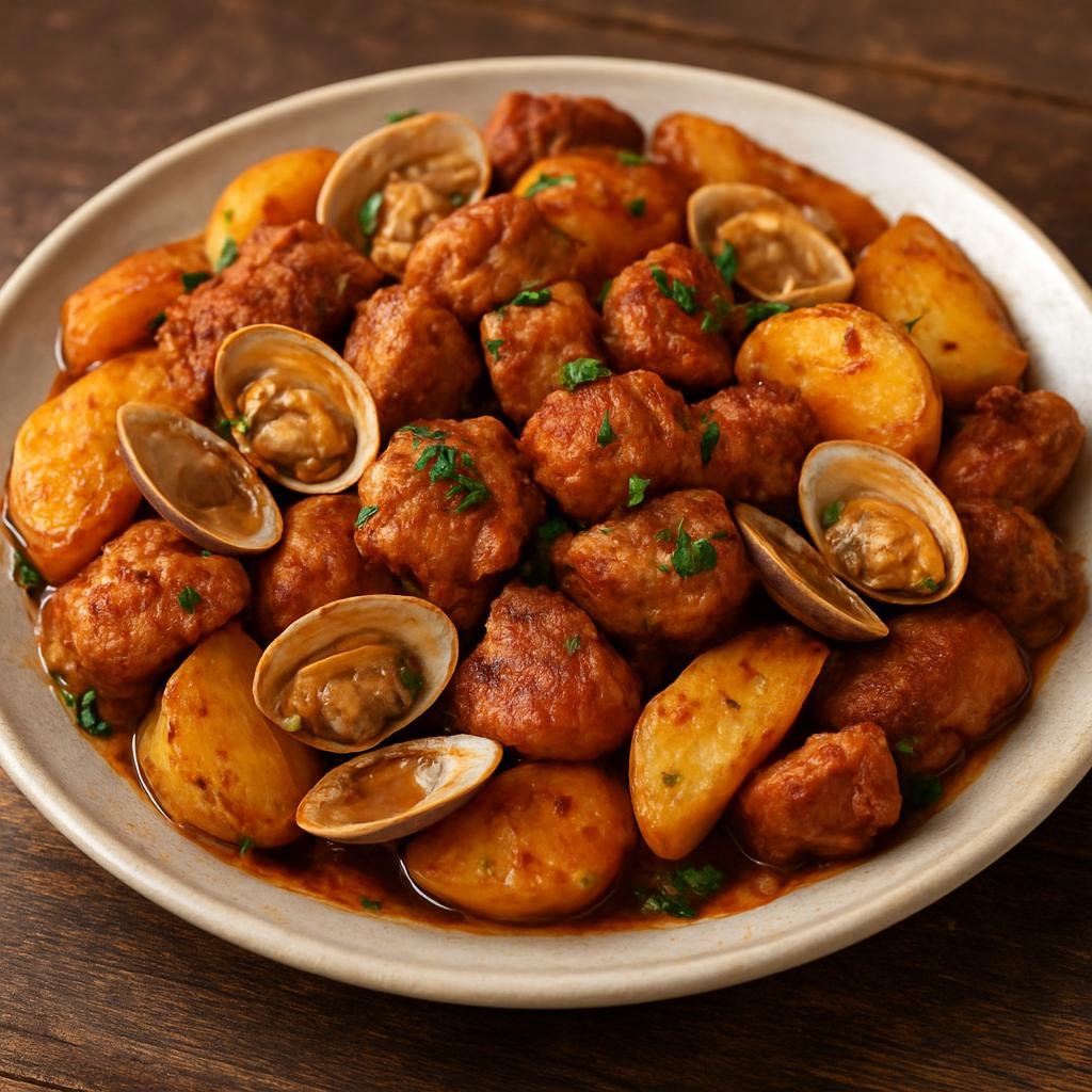 Entree: Portugal – Lisbon – Carne de Porco à Alentejana (Rustic Portuguese dish of marinated pork braised with clams and fried potatoes) recipe