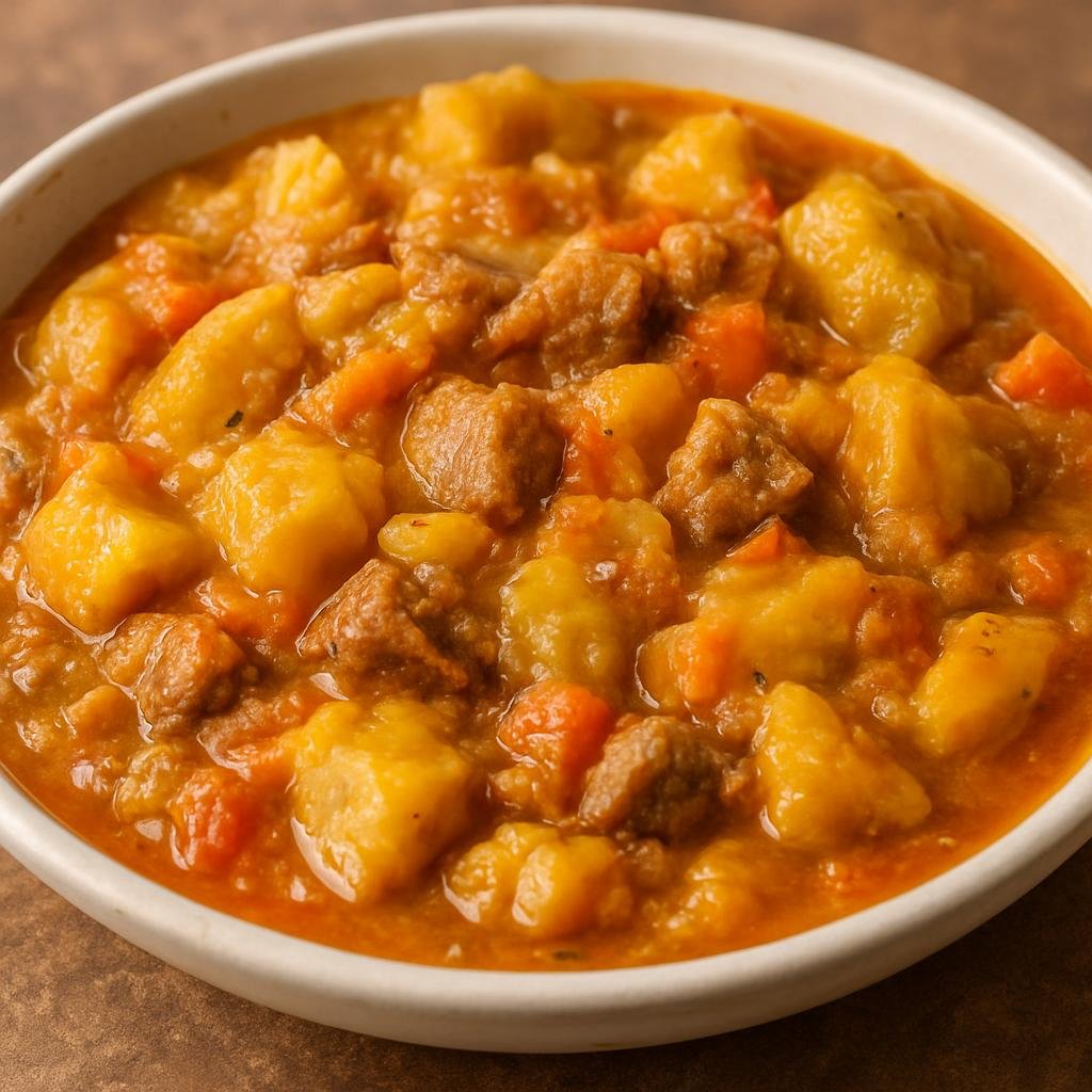 Entree: Kenya – Rift Valley – Matoke (Stewed green cooking bananas simmered with onions, tomatoes, and meat or vegetables to a soft, mashed-stew consistency) recipe