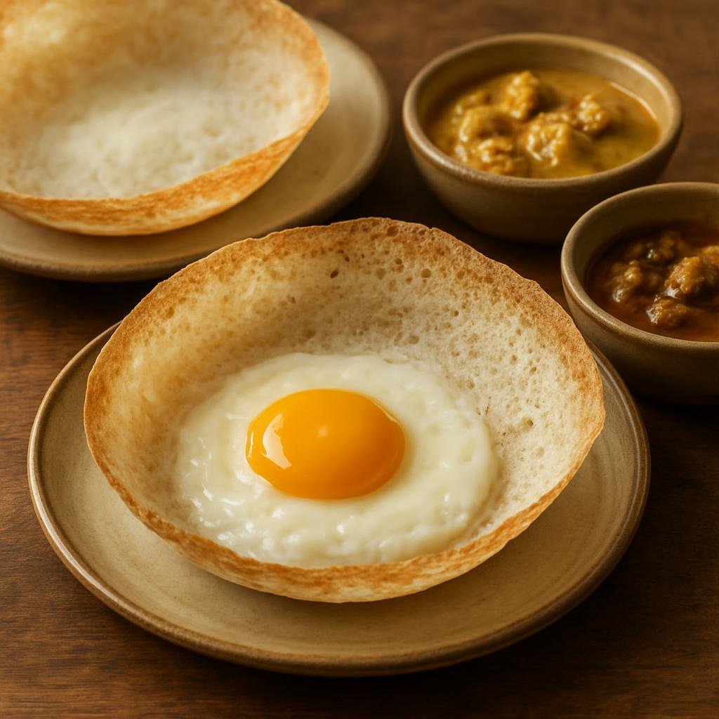 Entree: Sri Lanka – Southern Coast – Hoppers (Crispy-edged fermented rice-and-coconut batter crepes cooked in a small wok-shaped pan, served plain or with an egg and curries) recipe