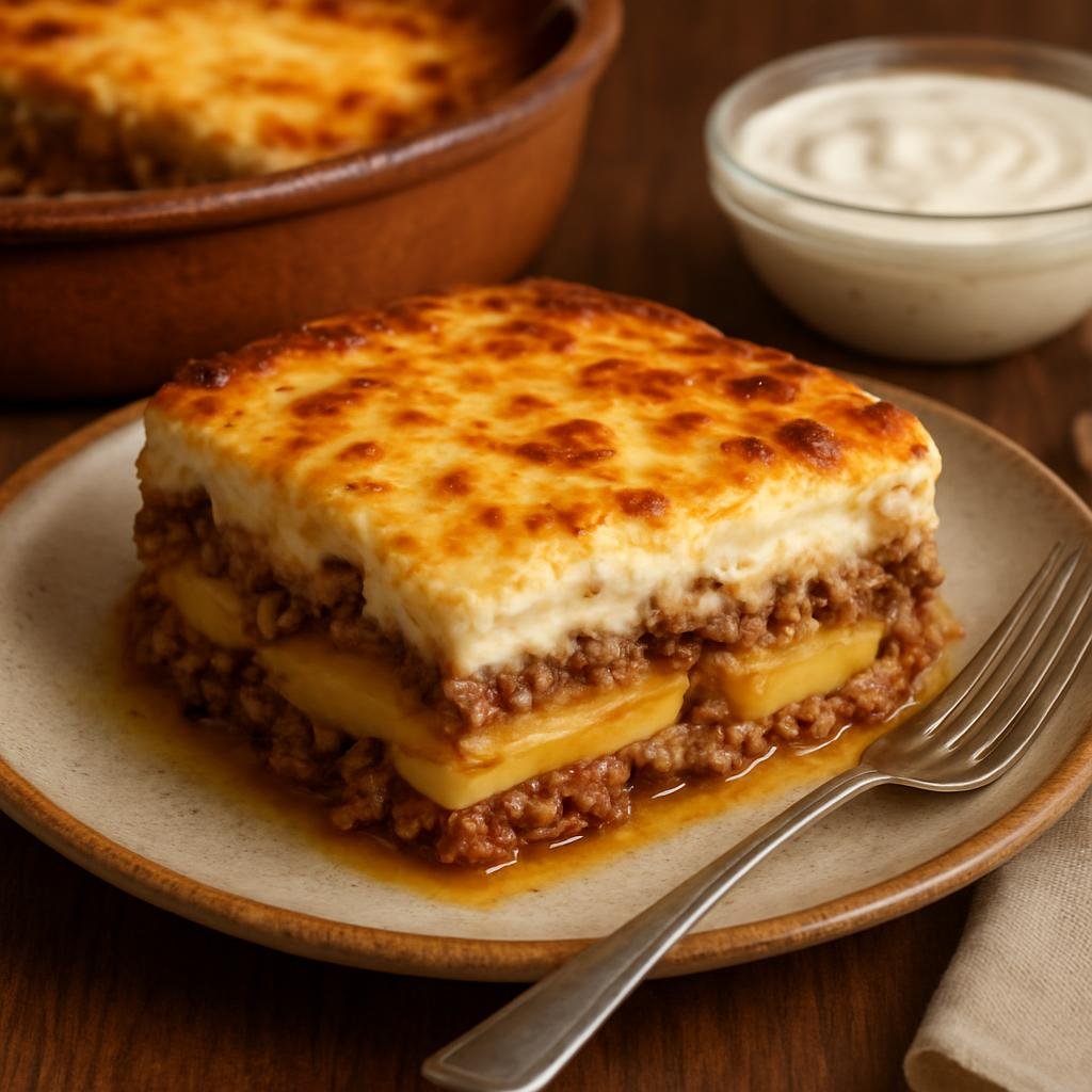 Entree: Bosnia and Herzegovina – Southern Culinary Region – Musaka (Balkan layered baked casserole of seasoned ground meat and sliced potatoes finished with an eggy yogurt topping) recipe