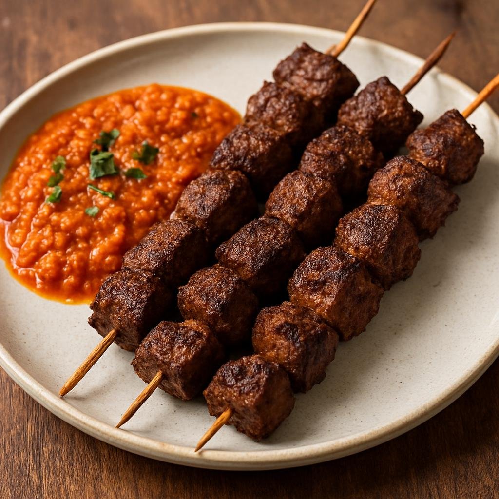 Entree: Burkina Faso – Southern Culinary Region – Brochettes (Skewered grilled spiced beef served with a spicy peanut-tomato sauce) recipe