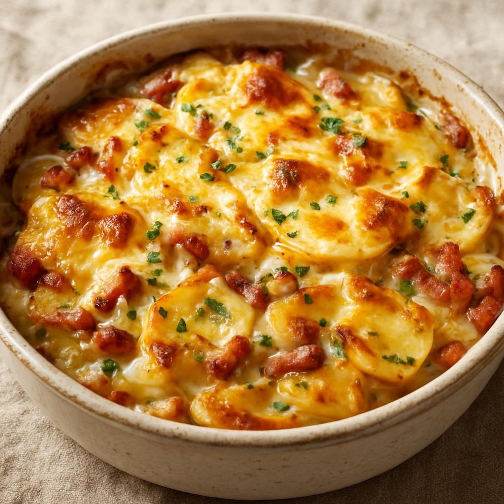 Entree: French Southern Territories – Southern Culinary Region – Tartiflette (Baked Alpine gratin of sliced potatoes with Reblochon cheese, onions, cream, and lardons) recipe