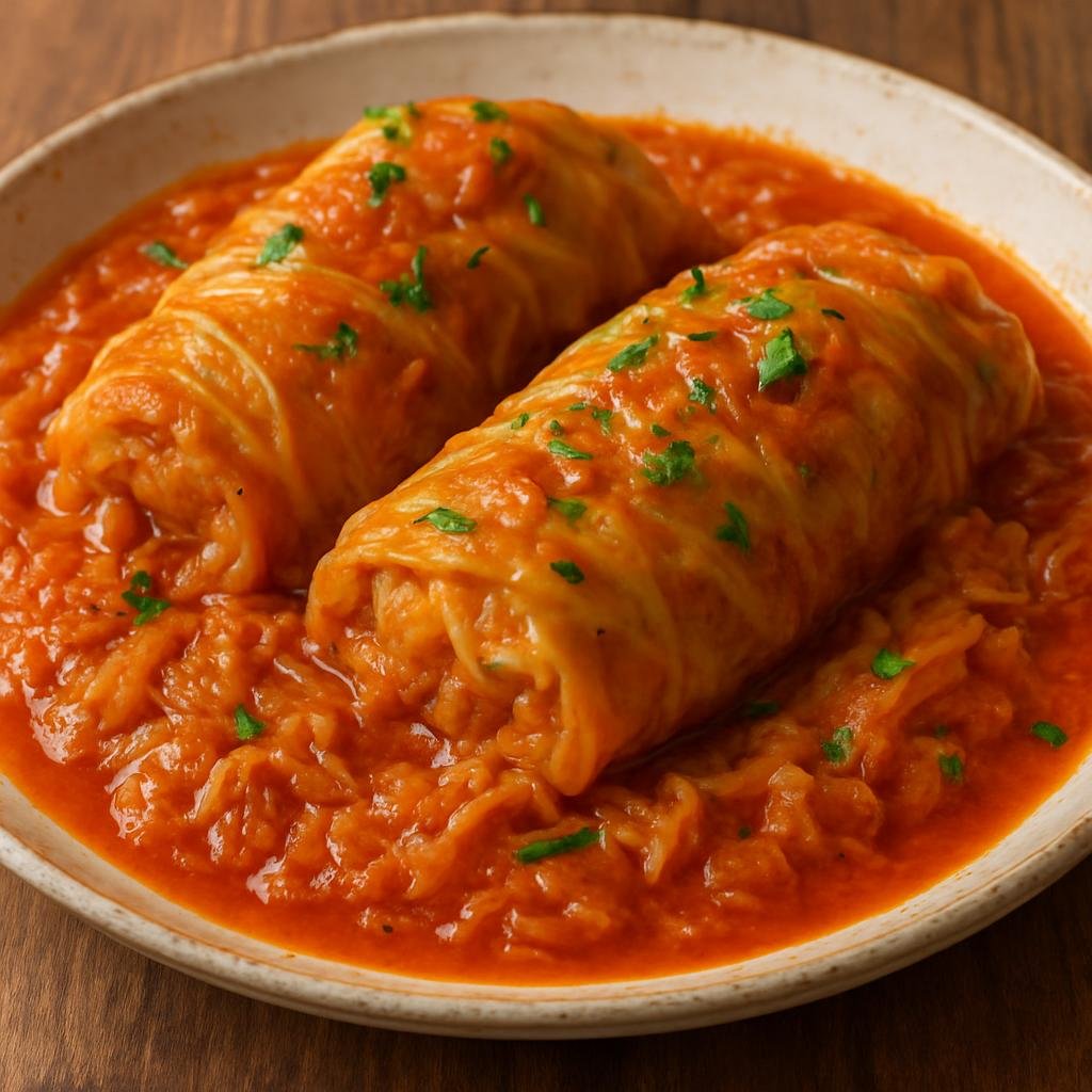 Entree: Hungary – Transdanubia – Töltött Káposzta (Cabbage leaves stuffed with seasoned pork and rice, slowly cooked in a paprika-tomato and sauerkraut braise) recipe
