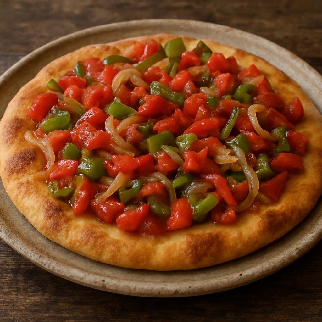 Entree: Spain – Balearic Islands – Coca de Trampó (Mallorcan open-faced savory flatbread topped with a tomato, pepper, and onion salad) recipe