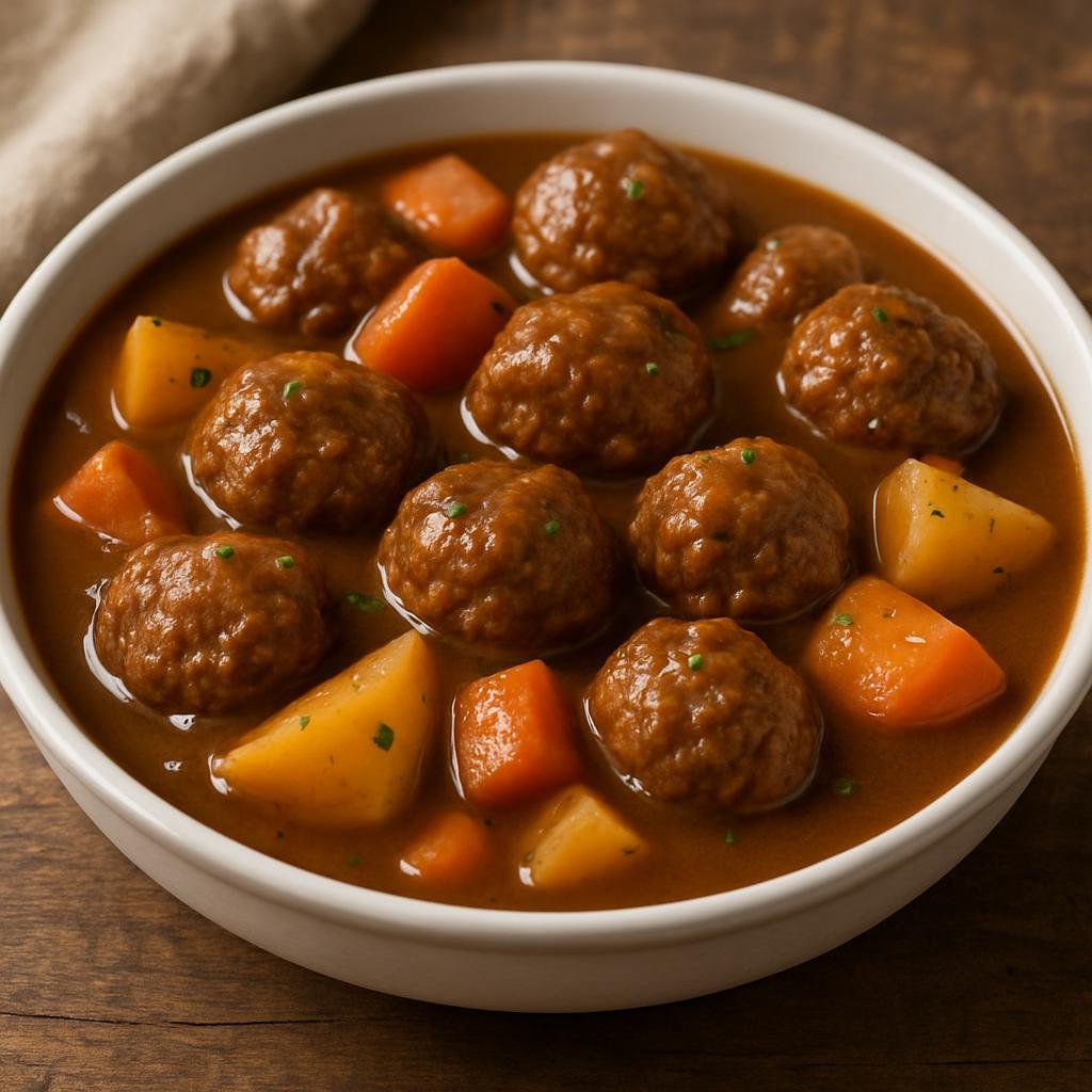 Entree: Canada – Central Culinary Region – Ragoût de Boulettes (Quebec-style hearty meatball stew simmered in a brown gravy with root vegetables) recipe