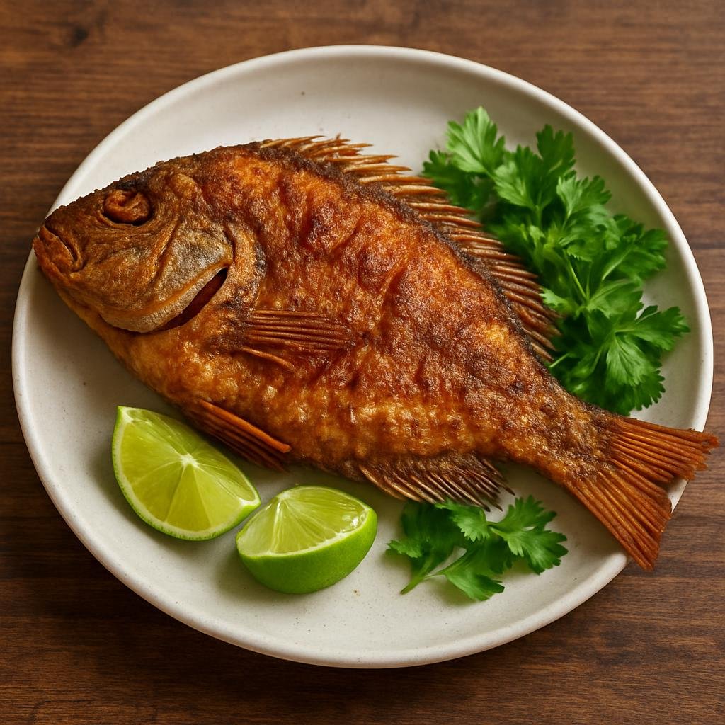 Entree: Colombia – Caribbean Coast – Mojarra Frita (Whole fried mojarra fish crisped until golden and served with lime and fresh herbs) recipe